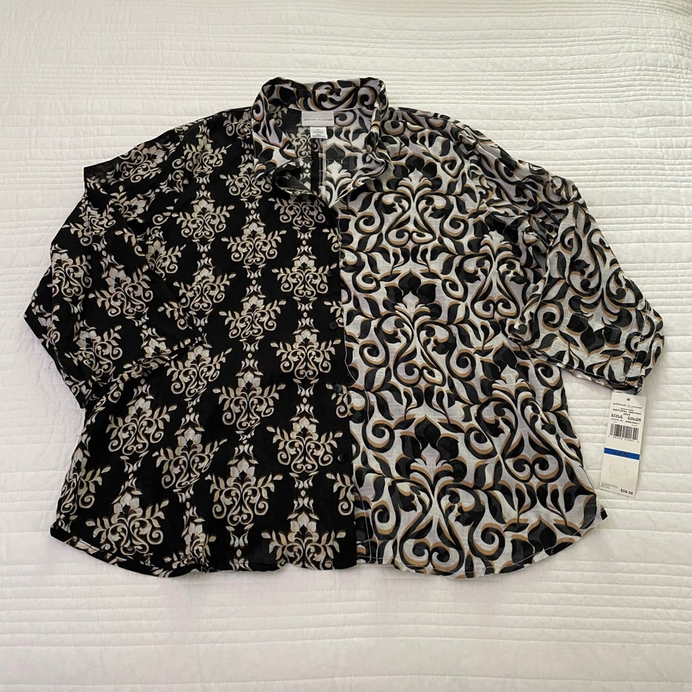 Alfred Dunner Natural Instinct Split Pattern Cotton Blouse Black Tan XL NWT